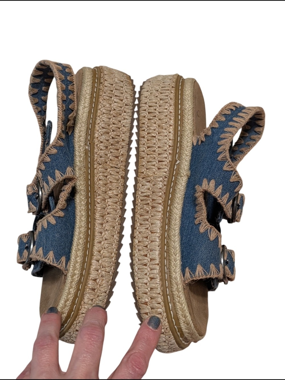 Woven-Trim Blue Denim Buckle Sandals for Women - Picture 3 of 8